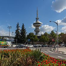 THESSALONIKI, GREECE - SEPTEMBER 30, 2017: OTE Tower and flowers in front in city of Thessaloniki, Central Macedonia, Greece