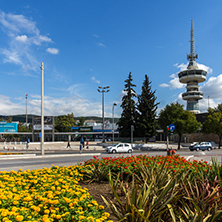 THESSALONIKI, GREECE - SEPTEMBER 30, 2017: OTE Tower and flowers in front in city of Thessaloniki, Central Macedonia, Greece