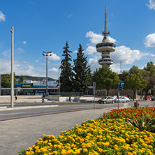 THESSALONIKI, GREECE - SEPTEMBER 30, 2017: OTE Tower and flowers in front in city of Thessaloniki, Central Macedonia, Greece