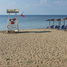 CHALKIDIKI, CENTRAL MACEDONIA, GREECE - AUGUST 25, 2014: Seascape of Fisher Beach Psakoudia at Sithonia peninsula, Chalkidiki, Central Macedonia, Greece