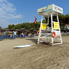 CHALKIDIKI, CENTRAL MACEDONIA, GREECE - AUGUST 25, 2014: Seascape of Fisher Beach Psakoudia at Sithonia peninsula, Chalkidiki, Central Macedonia, Greece