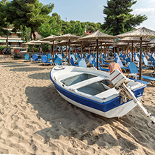 CHALKIDIKI, CENTRAL MACEDONIA, GREECE - AUGUST 25, 2014: Seascape of Fisher Beach Psakoudia at Sithonia peninsula, Chalkidiki, Central Macedonia, Greece