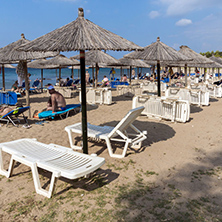 CHALKIDIKI, CENTRAL MACEDONIA, GREECE - AUGUST 25, 2014: Seascape of Blue Dolphin Cove Beach at Sithonia peninsula, Chalkidiki, Central Macedonia, Greece