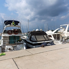 CHALKIDIKI, CENTRAL MACEDONIA, GREECE - AUGUST 25, 2014:  Seascape of port of Nikiti at Sithonia peninsula, Chalkidiki, Central Macedonia, Greece