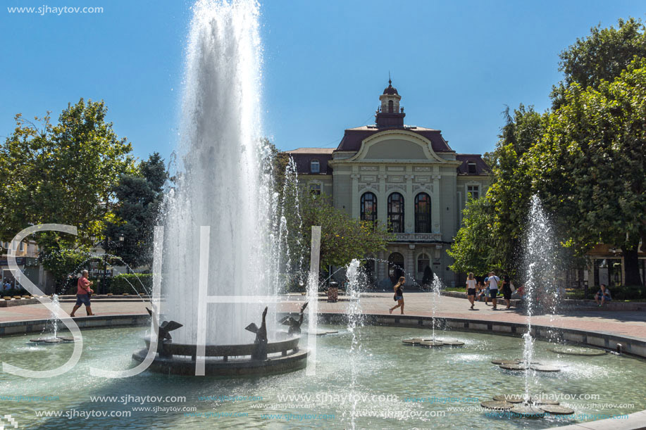 PLOVDIV, BULGARIA - SEPTEMBER 1, 2017:  Amazing view of cental street and fountain in front of City hall in city of Plovdiv, Bulgaria