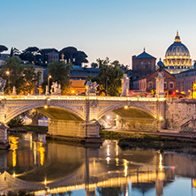 Amazing Sunset view of Tiber River and St. Peter"s Basilica in Rome, Italy