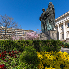 SOFIA, BULGARIA - APRIL 1, 2017: Spring view of National Library St. Cyril and St. Methodius in Sofia, Bulgaria