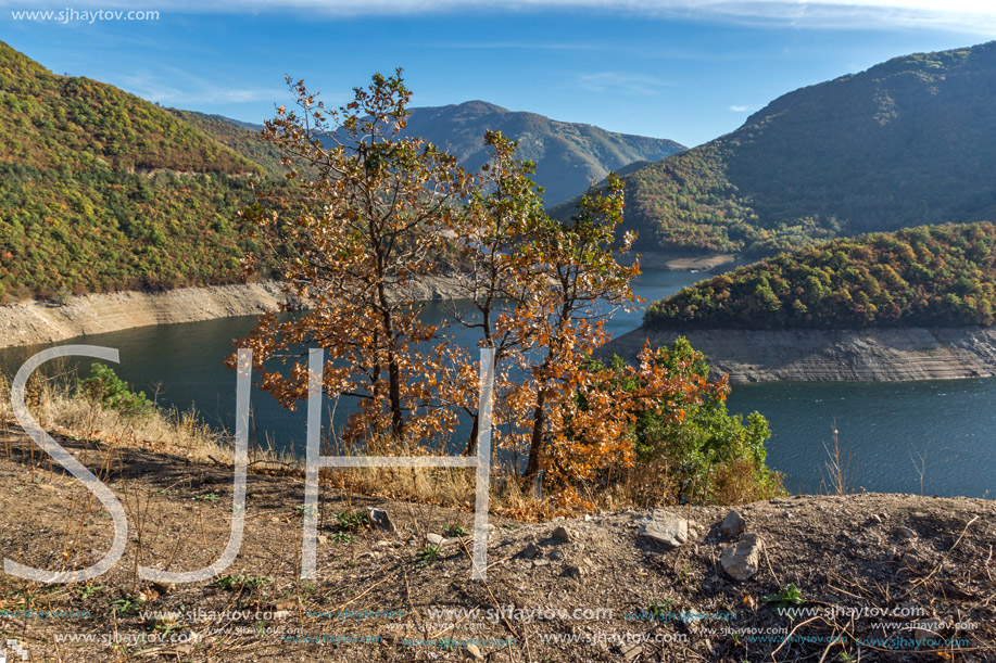 Autumn landscape of the Vacha (Antonivanovtsy) Reservoir, Rhodopes Mountain, Bulgaria
