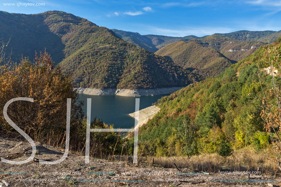 Autumn landscape of the Vacha (Antonivanovtsy) Reservoir, Rhodopes Mountain, Bulgaria