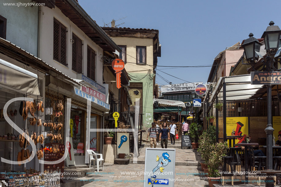 SKOPJE, REPUBLIC OF MACEDONIA - 13 MAY 2017: Typical street in old town of city of Skopje, Republic of Macedonia