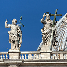 ROME, ITALY - JUNE 23, 2017: Architectural detail of St. Peter"s Basilica at  Saint Peter"s Square, Vatican, Rome, Italy