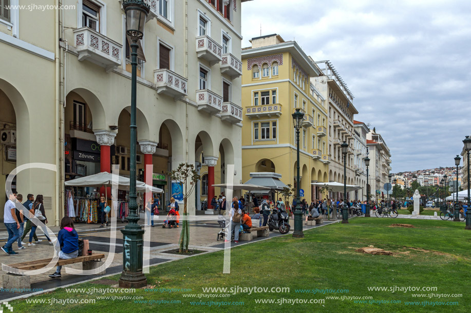 THESSALONIKI, GREECE - SEPTEMBER 30, 2017: People  walking at Aristotelous Square  in the center of city of Thessaloniki, Central Macedonia, Greece