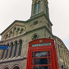 LONDON, ENGLAND - JUNE 17 2016: Westminster Chapel and phone booth, London, England, Great Britain