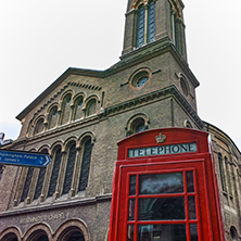 LONDON, ENGLAND - JUNE 17 2016: Westminster Chapel and phone booth, London, England, Great Britain