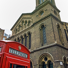 LONDON, ENGLAND - JUNE 17 2016: Westminster Chapel and phone booth, London, England, Great Britain