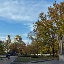 SOFIA, BULGARIA - NOVEMBER 7, 2017: Golden Domes  of Cathedral Saint Alexander Nevski in Sofia, Bulgaria