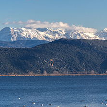 Amazing panoramic Landscape of Lake Pamvotida, Pindus mountain and city of Ioannina, Epirus, Greece