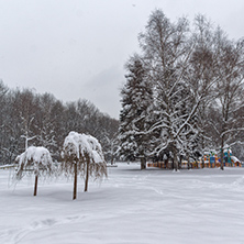 Winter Landscape with snow covered trees in South Park in city of Sofia, Bulgaria