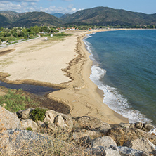 Panoramic view of Sykia Beach at Sithonia peninsula, Chalkidiki, Central Macedonia, Greece