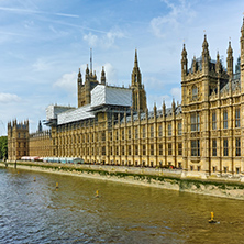 LONDON, ENGLAND - JUNE 19 2016: Cityscape of Westminster Palace and Thames River, London, England, United Kingdom