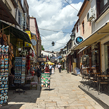 SKOPJE, REPUBLIC OF MACEDONIA - 13 MAY 2017: Typical street in old town of city of Skopje, Republic of Macedonia