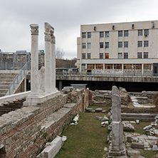 PLOVDIV, BULGARIA - DECEMBER 30, 2016:  Panorama of Ruins of Roman Odeon in city of Plovdiv, Bulgaria