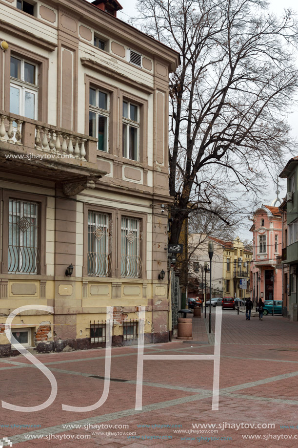 PLOVDIV, BULGARIA - DECEMBER 30, 2016: Houses and street in the center of city of Plovdiv, Bulgaria