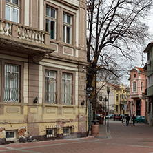 PLOVDIV, BULGARIA - DECEMBER 30, 2016: Houses and street in the center of city of Plovdiv, Bulgaria