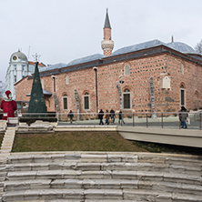 PLOVDIV, BULGARIA - DECEMBER 30, 2016:  Dzhumaya Mosque and Roman stadium in city of Plovdiv, Bulgaria