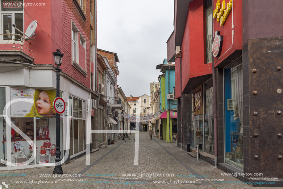 PLOVDIV, BULGARIA - DECEMBER 30, 2016:  Walking people and Street in district Kapana, city of Plovdiv, Bulgaria