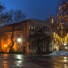 PLOVDIV, BULGARIA - DECEMBER 26, 2017:  Night Panorama of the Central Street with Christmas decoration in city of Plovdiv, Bulgaria