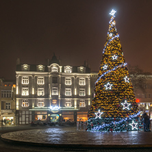 PLOVDIV, BULGARIA - DECEMBER 26, 2017:  Christmas tree in Front of The City Hall in city of Plovdiv, Bulgaria