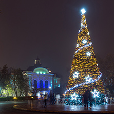PLOVDIV, BULGARIA - DECEMBER 26, 2017:  Christmas tree in Front of The City Hall in city of Plovdiv, Bulgaria