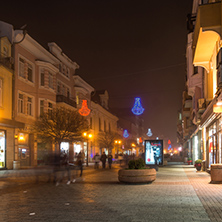 PLOVDIV, BULGARIA - DECEMBER 26, 2017:  Night Panorama of the Central Street with Christmas decoration in city of Plovdiv, Bulgaria