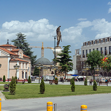 SKOPJE, REPUBLIC OF MACEDONIA - 13 MAY 2017: Orthodox Church of Church St. Demetrius and Philip II of Macedon Monument in Skopje, Republic of Macedonia