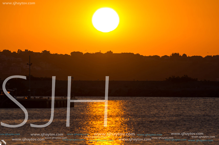 SOZOPOL, BULGARIA - JULY 11, 2016: Amazing Sunset at the port of Sozopol, Burgas Region, Bulgaria