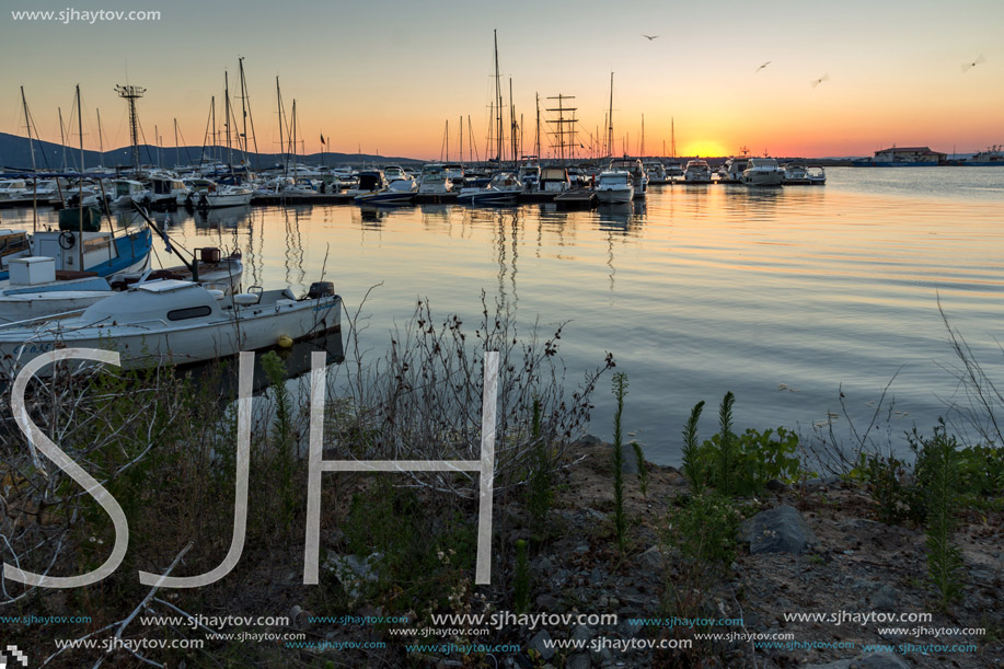 SOZOPOL, BULGARIA - JULY 11, 2016: Amazing Sunset at the port of Sozopol, Burgas Region, Bulgaria