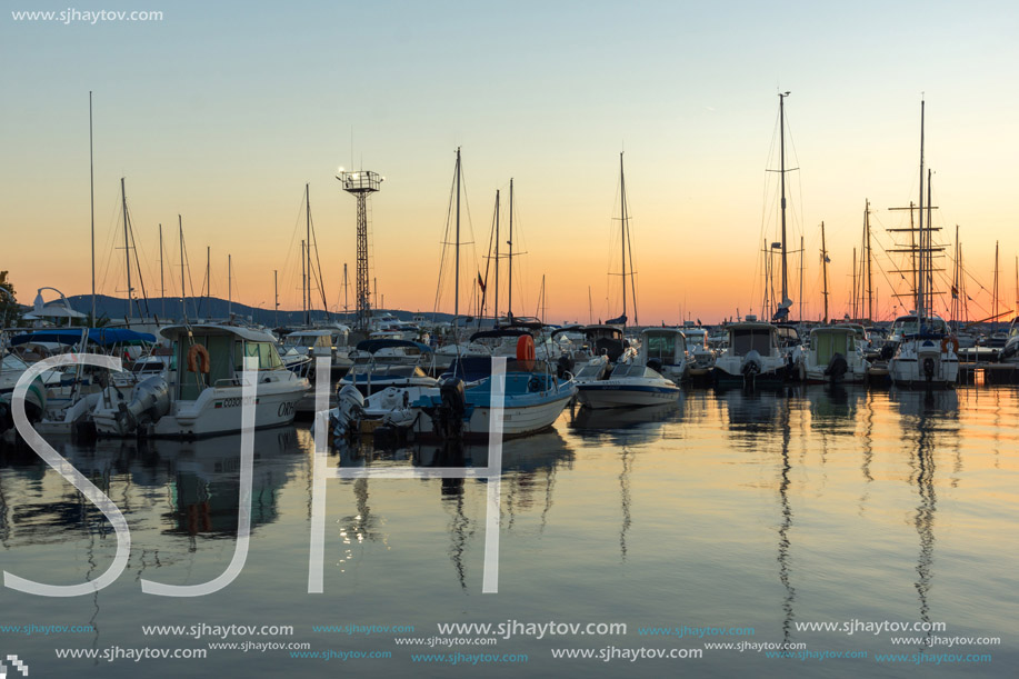 SOZOPOL, BULGARIA - JULY 11, 2016: Amazing Sunset at the port of Sozopol, Burgas Region, Bulgaria