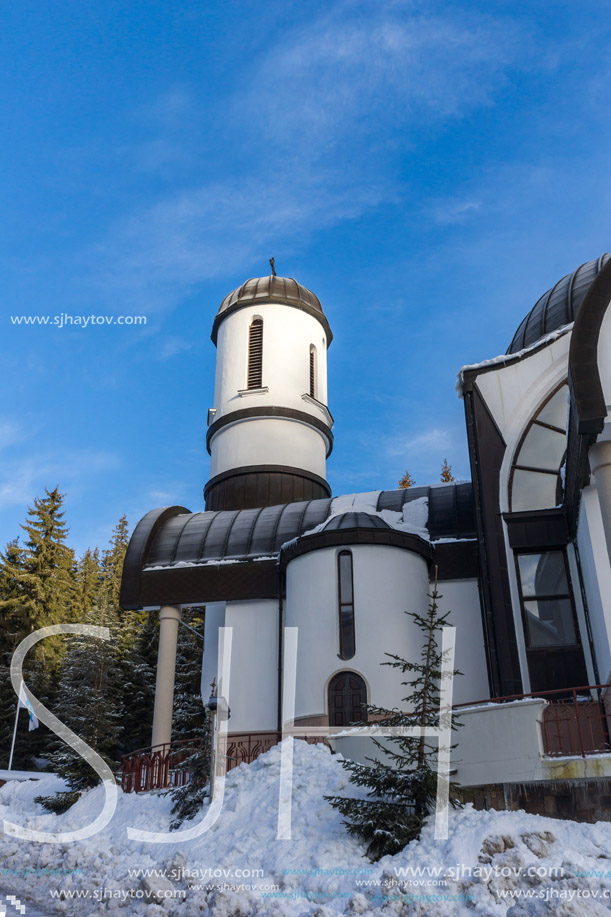 PAMPOROVO, BULGARIA - JANUARY 20, 2013: Church of Assumption of the Most Holy Mother in Ski resort Pamporovo in Rhodope, Mountains, Smolyan Region, Bulgaria