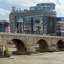 SKOPJE, REPUBLIC OF MACEDONIA - 13 MAY 2017: Skopje City Center, Old Stone Bridge and Vardar River, Republic of Macedonia