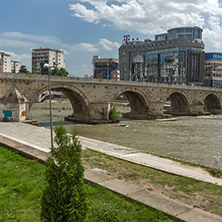 SKOPJE, REPUBLIC OF MACEDONIA - 13 MAY 2017: Skopje City Center, Old Stone Bridge and Vardar River, Republic of Macedonia