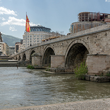 SKOPJE, REPUBLIC OF MACEDONIA - 13 MAY 2017: Skopje City Center, Old Stone Bridge and Vardar River, Republic of Macedonia