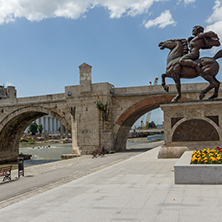 SKOPJE, REPUBLIC OF MACEDONIA - 13 MAY 2017: Skopje City Center, Old Stone Bridge and Vardar River, Republic of Macedonia