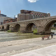 SKOPJE, REPUBLIC OF MACEDONIA - 13 MAY 2017: Skopje City Center, Old Stone Bridge and Vardar River, Republic of Macedonia