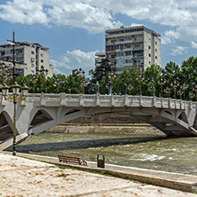 SKOPJE, REPUBLIC OF MACEDONIA - 13 MAY 2017: River Vardar passing through City of Skopje center, Republic of Macedonia