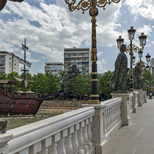 SKOPJE, REPUBLIC OF MACEDONIA - 13 MAY 2017: River Vardar passing through City of Skopje center, Republic of Macedonia