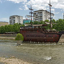 SKOPJE, REPUBLIC OF MACEDONIA - 13 MAY 2017: River Vardar passing through City of Skopje center, Republic of Macedonia