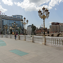 SKOPJE, REPUBLIC OF MACEDONIA - 13 MAY 2017: River Vardar passing through City of Skopje center, Republic of Macedonia