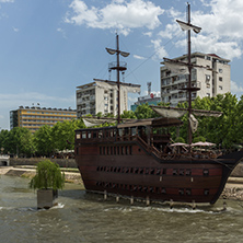 SKOPJE, REPUBLIC OF MACEDONIA - 13 MAY 2017: River Vardar passing through City of Skopje center, Republic of Macedonia