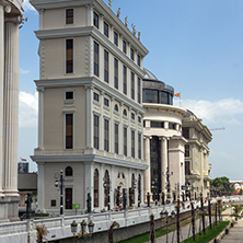 SKOPJE, REPUBLIC OF MACEDONIA - 13 MAY 2017: River Vardar passing through City of Skopje center, Republic of Macedonia